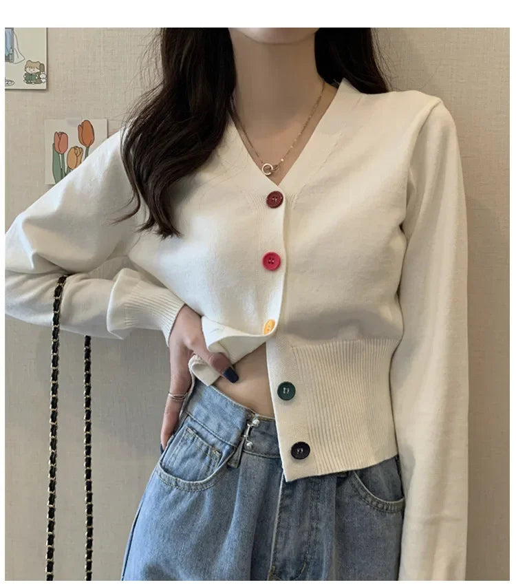 Bxoxo Autumn and Winter Little Fresh Colorful Buttons Younger Slim-Fit Slimming V-Collar Cardigan Long-Sleeved Sweater Top for Women