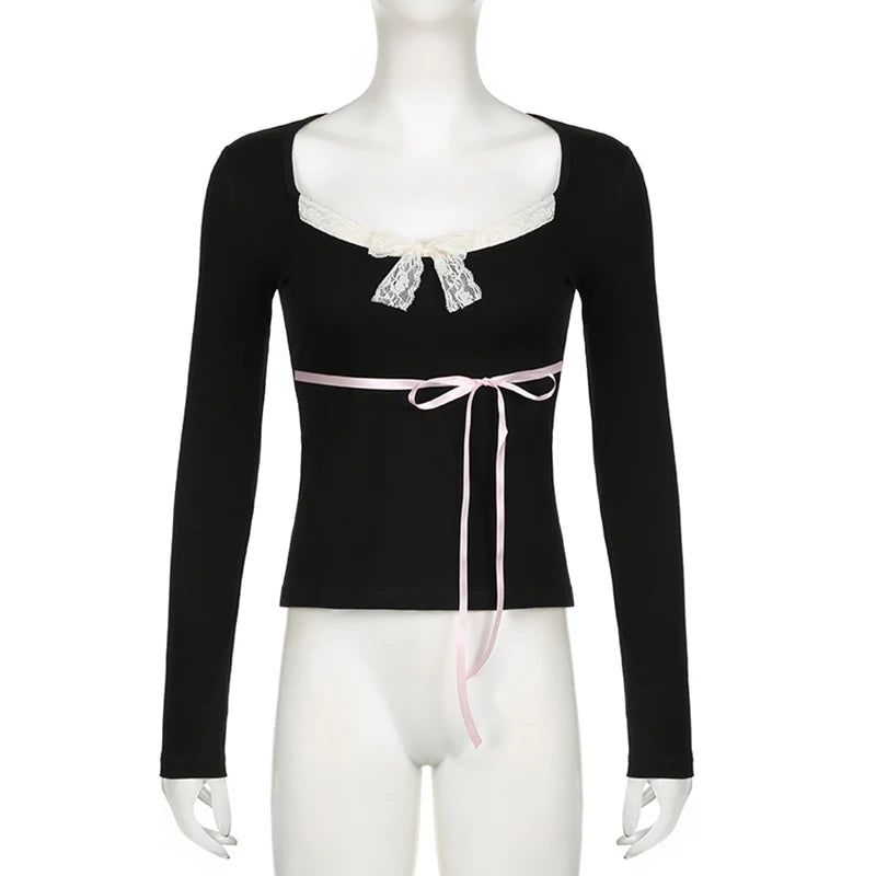Bxoxo Fairy Grunge Top y2k Women Clothes Lace Trim V Neck Long Sleeve T Shirt with Bow Coquette Clothing 2000s Streetwear