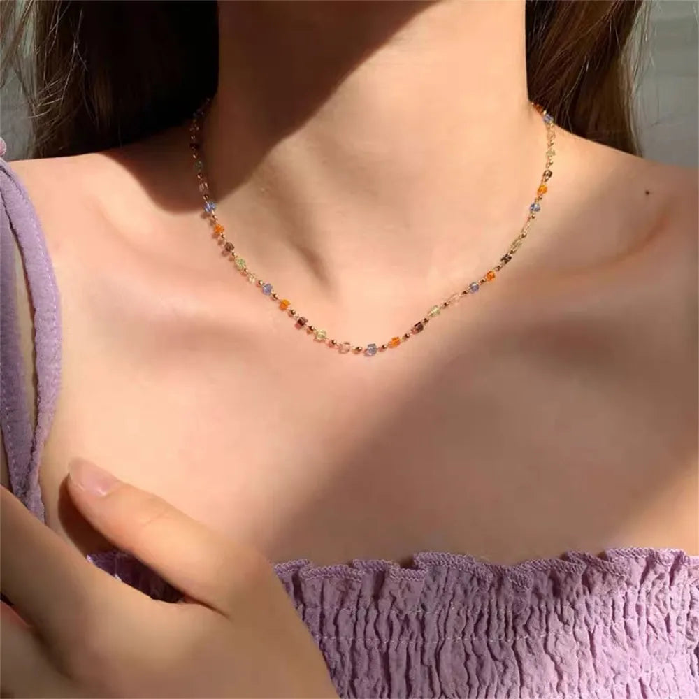 BXOXO Simple Colorful Square Acrylic Choker Fashion Gold Color Bead Chain Necklace Vintage Crystal Necklace For Women  Party Jewelry