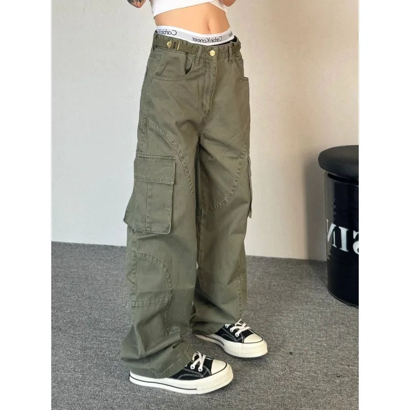 Bxoxo Y2k Green Vintage Cargo Pants Women Harajuku Multiple Pockets Korean Fashion Denim Pants Baggy Hip Hop Trousers Spring