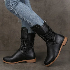 BXOXO Women Mid-Calf Boot Fashion Rivet Knight Boots British Style Autumn Winter Female Shoes Cross Lace Morden Booties Botas Mujer PU