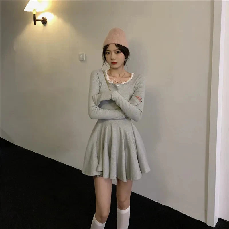 Bxoxo Black Lace Patchwork Dress Women Korean Chic Square Collar Long Sleeve Mini Dress Fall Fashion Preppy All-Match Bottoming Dress
