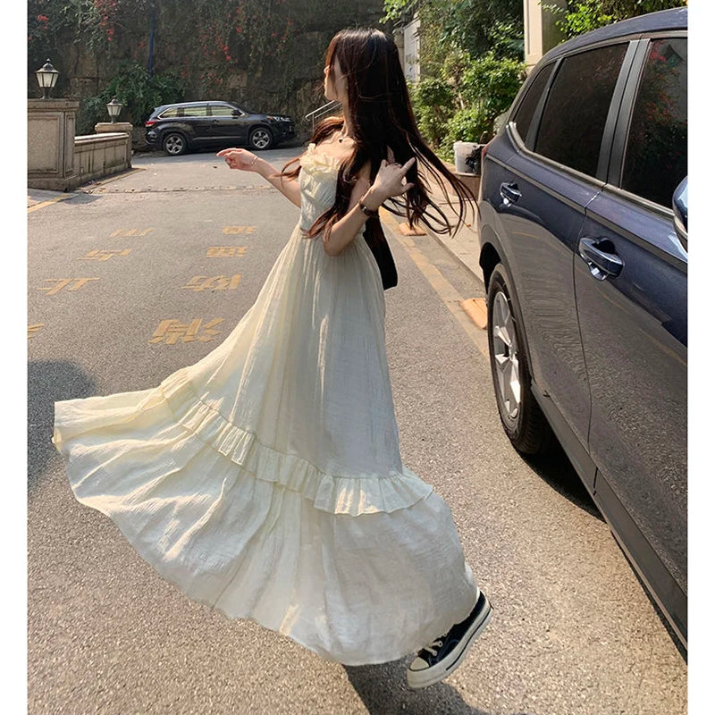 Bxoxo Vintage Ruffle Dress Women Korean Solid Sweet Elegant Preppy Midi Dress Summer Casual Sleeveless Spaghetti Straps A Line Dress