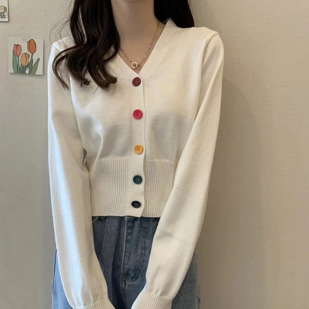 Bxoxo Autumn and Winter Little Fresh Colorful Buttons Younger Slim-Fit Slimming V-Collar Cardigan Long-Sleeved Sweater Top for Women