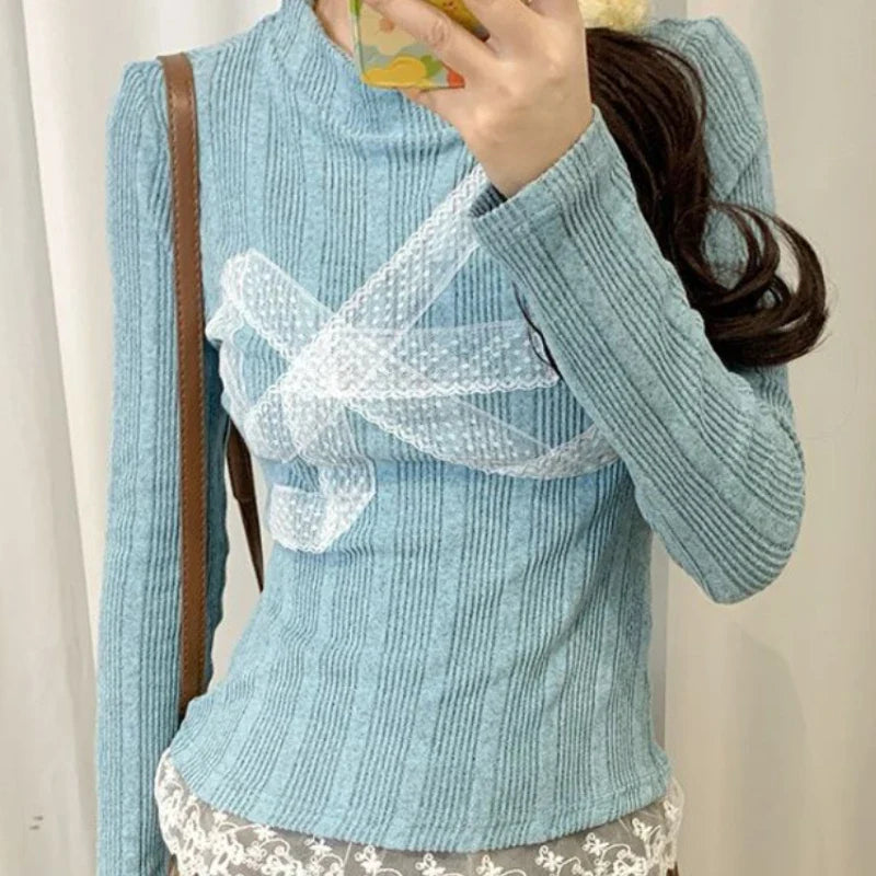 BXOXO Korean Style Y2k Knitted Pullover Women Bow Lace Long Sleeve Sweaters Harajuku Vintage Patchwork Knitwear Pullovers