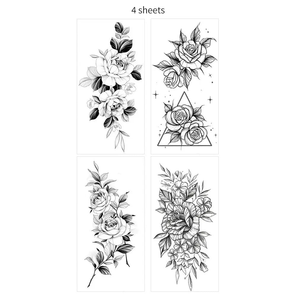 BXOXO 1/4pcs Black Flower Temporary Tattoos for Women Men Waterproof Realistic Floral Tattoo Stickers for Hand Arm Body Fake Tattoo