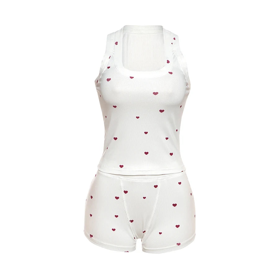 BXOXO Casual Heart Print 2 Piece Set Women Square Collar Sleeveless Crop Tops+Stretch Shorts Sweet Girls Comfy Fashion Outfits