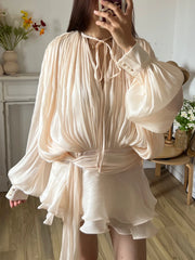 BXOXO Solid Blouse Mini Dresses For Women V Neck Long Sleeve Spliced Lace Up Sweet Style Dress Female Clothing Fashion