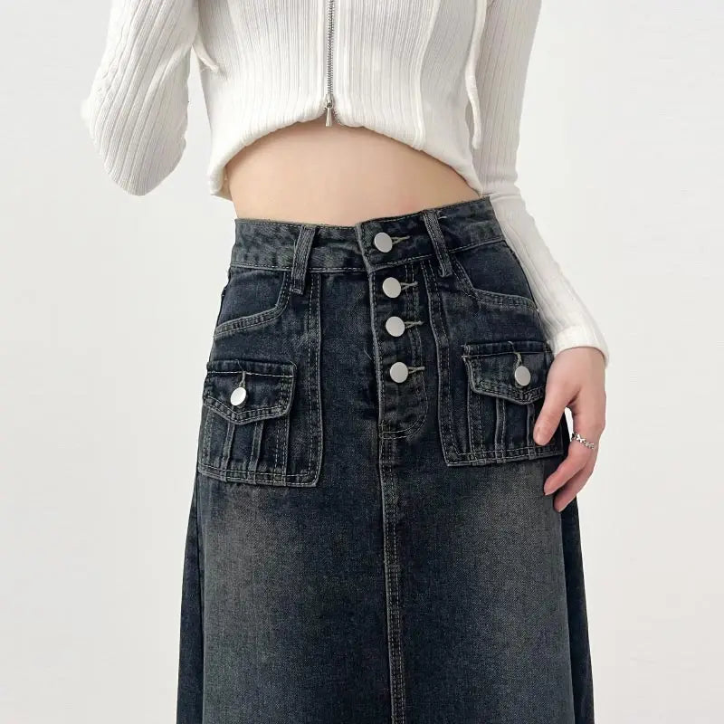 BXOXO High-waisted Cargo Denim Skirt Women's Autumn Long A-line Mid-length Skirt  Retro Raw Edge Y2k Female Clothing Korean Style