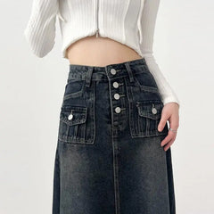 BXOXO High-waisted Cargo Denim Skirt Women's Autumn Long A-line Mid-length Skirt  Retro Raw Edge Y2k Female Clothing Korean Style