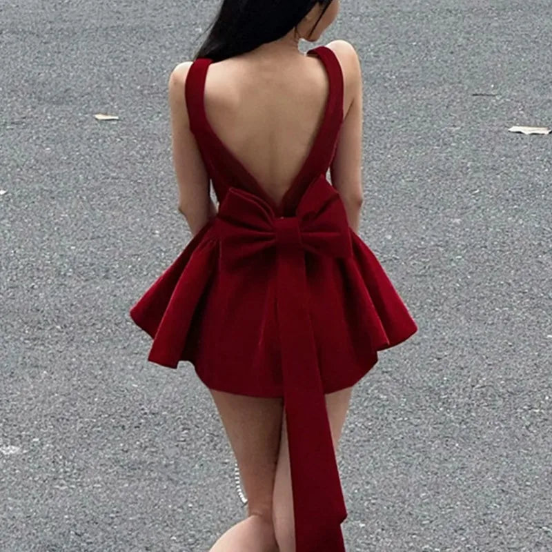 BXOXO Red Bow Dress Women's Sexy Backless Slim Tank Top A Line Dress Sleeveless Spaghetti Straps Luxury Party Evening Dress