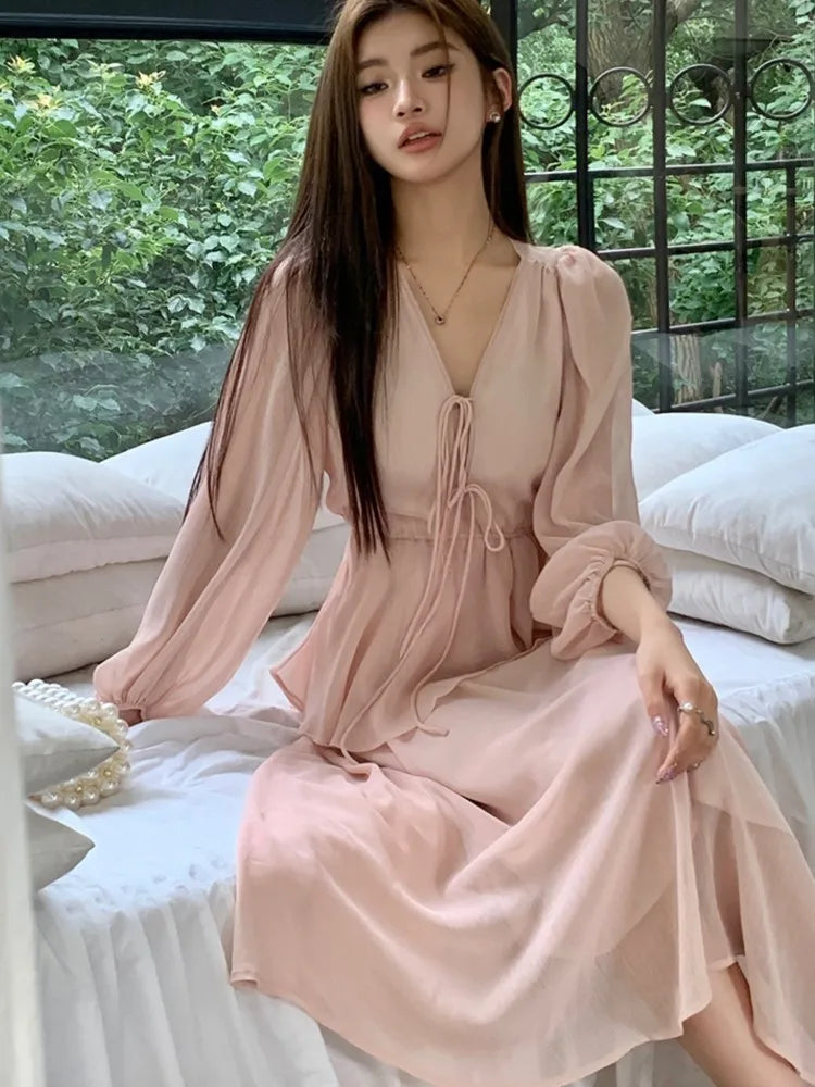 Bxoxo Women's Elegant Fairy Casual Korean Style Dresses New V-Neck Lace-up Long Lantern Sleeve Ruffles Midi Dress 2025 Holiday Vestido
