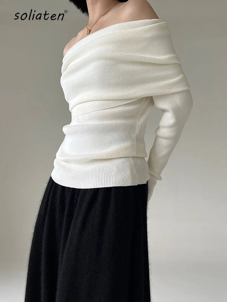 Bxoxo Spring Autumn Off Shoulder Women Sweaters Elegant Vintage Knitted Solid Jumper High Stretch Top  C-038