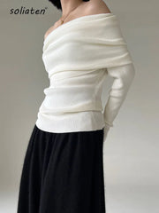 Bxoxo Spring Autumn Off Shoulder Women Sweaters Elegant Vintage Knitted Solid Jumper High Stretch Top  C-038