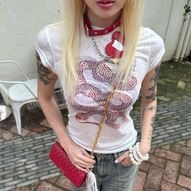 BXOXO 2000s Aesthetic T Shirt Women Short Sleeve Slim Print Graphic Tops Y2k Vintage Grunge Tops Streetwear American Retro