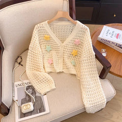 Bxoxo Sweet Star Hollow Out Knitted Cardigans Women Kawaii Y2k Pink Crop Tops Elegant Casual Cutecore Long Sleeve Cardigans