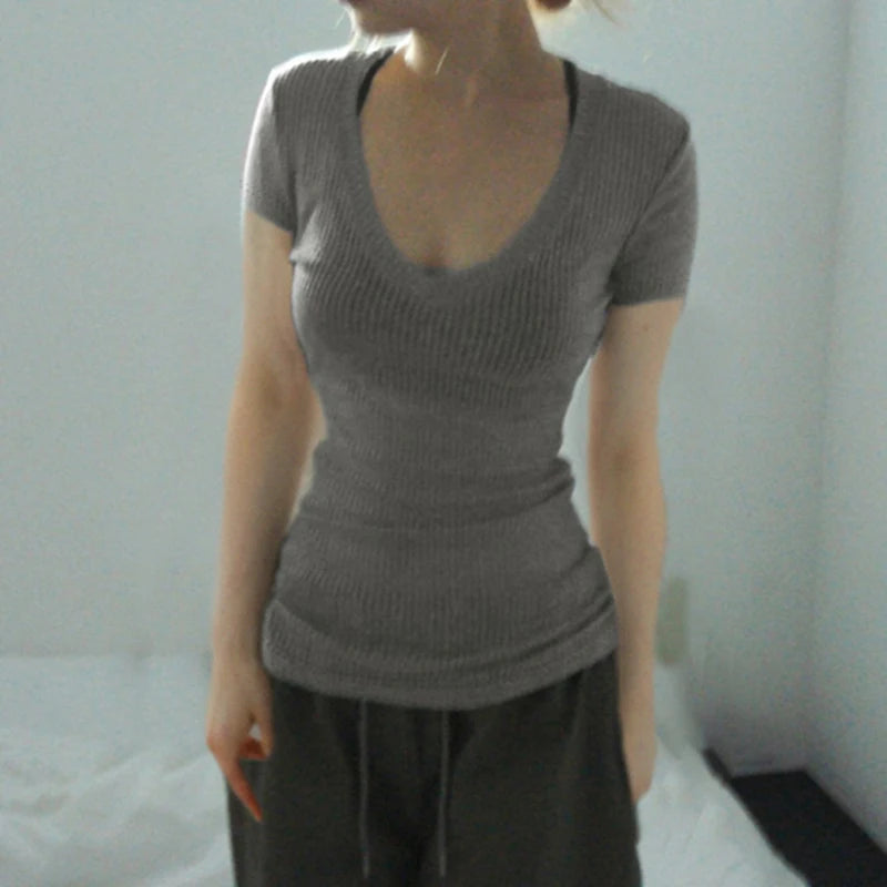 BXOXO Solid Slim-fitting Knitted Crop Top Micro-transparent T-shirt Smock Women Sexy Short Sleeve V-neck Tees Shirt Y2k Vintage