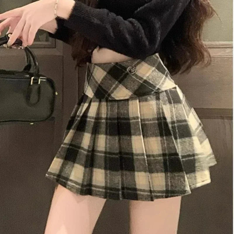 BXOXO Winter Plaid Skirt Women Vintage Woolen Korea Dongdaemun Preppy Cute Sexy Check Pleated Mini Skirt  School