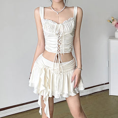BXOXO Holiday Ruffles Pleated Skirt Cute Coquette Loose A-line Low-waisted Short Skirts for Women 2000s Vintage Clothing Ladies