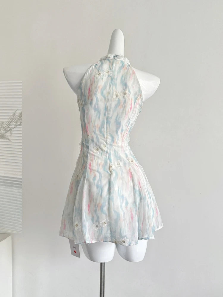 BXOXO Summer French Elegant Original Design Mini Dress Women Print Lace 3D Floral Halter Party Dress Casual Chic Pretty Clothing