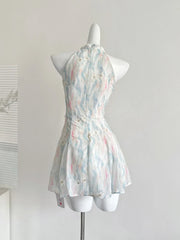 BXOXO Summer French Elegant Original Design Mini Dress Women Print Lace 3D Floral Halter Party Dress Casual Chic Pretty Clothing