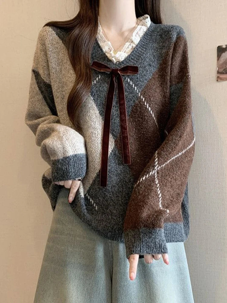 Bxoxo Sweet Bow Argyle Sweaters Women Retro Preppy Style Loose Knitted Pullover Lace Patchwork Long Sleeve Female Vintage Jumpers Fall