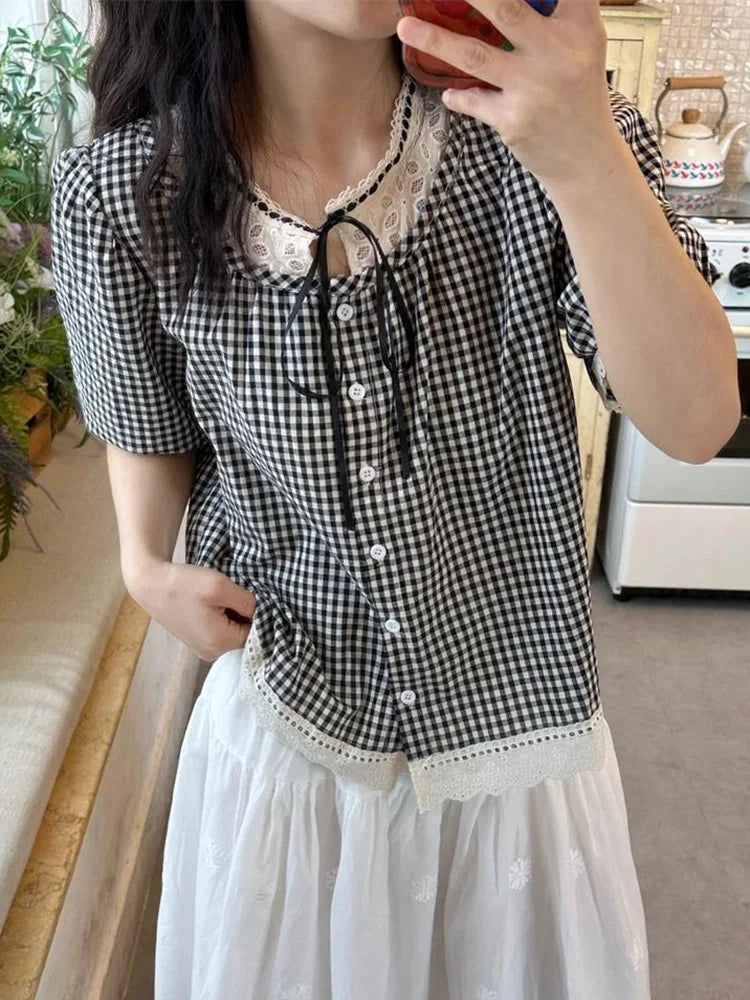 BXOXO Sweet Vintage Women Plaid Blouse Casual Preppy Style Lace Patchwork Loose Shirt Cute Retro Female Short Sleeve Lace Up Tops