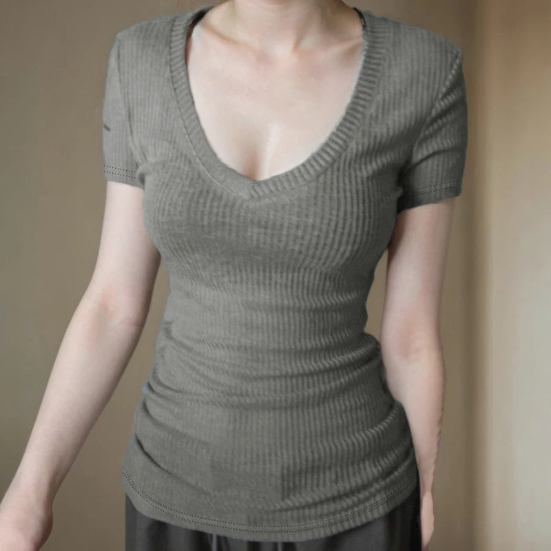 BXOXO Solid Slim-fitting Knitted Crop Top Micro-transparent T-shirt Smock Women Sexy Short Sleeve V-neck Tees Shirt Y2k Vintage