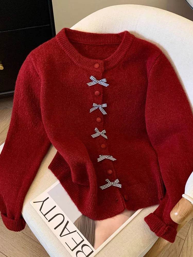 Bxoxo Cute Bow Women Cardigan Long Sleeve Lazy Wind Sweet Knitted Sweater Casual Loose Preppy Style Vintage Lady O Neck Fall Tops