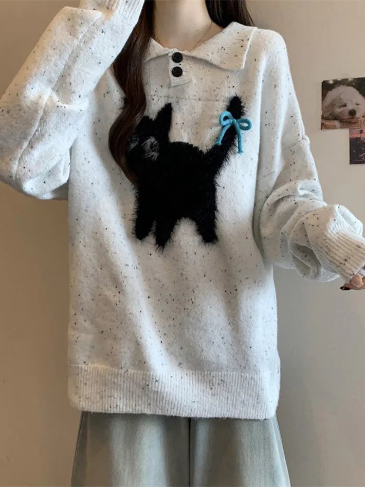 Bxoxo Cute Cartoon Bow Sweaters Women Loose Vintage Long Sleeve Kawaii Knitted Jumper Japan Casual Preppy Style Retro Pullovers