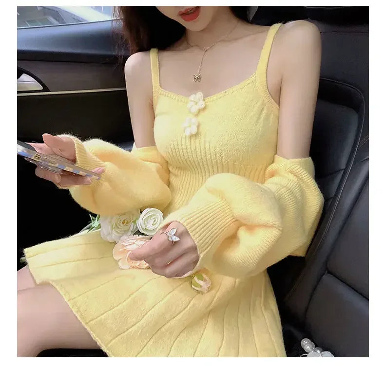 Bxoxo  Korean Autumn Winter Sweet Knitted Two Piece Dress Set Women Strap +Casual Coat Dress Set Style Solid Dress Suit