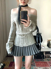 BXOXO Korean Style Sexy Off Shoulder Sweater Women Sweet Elegant Long Sleeve Knitted Pullover Cute Fashion Slim Up Sweaters