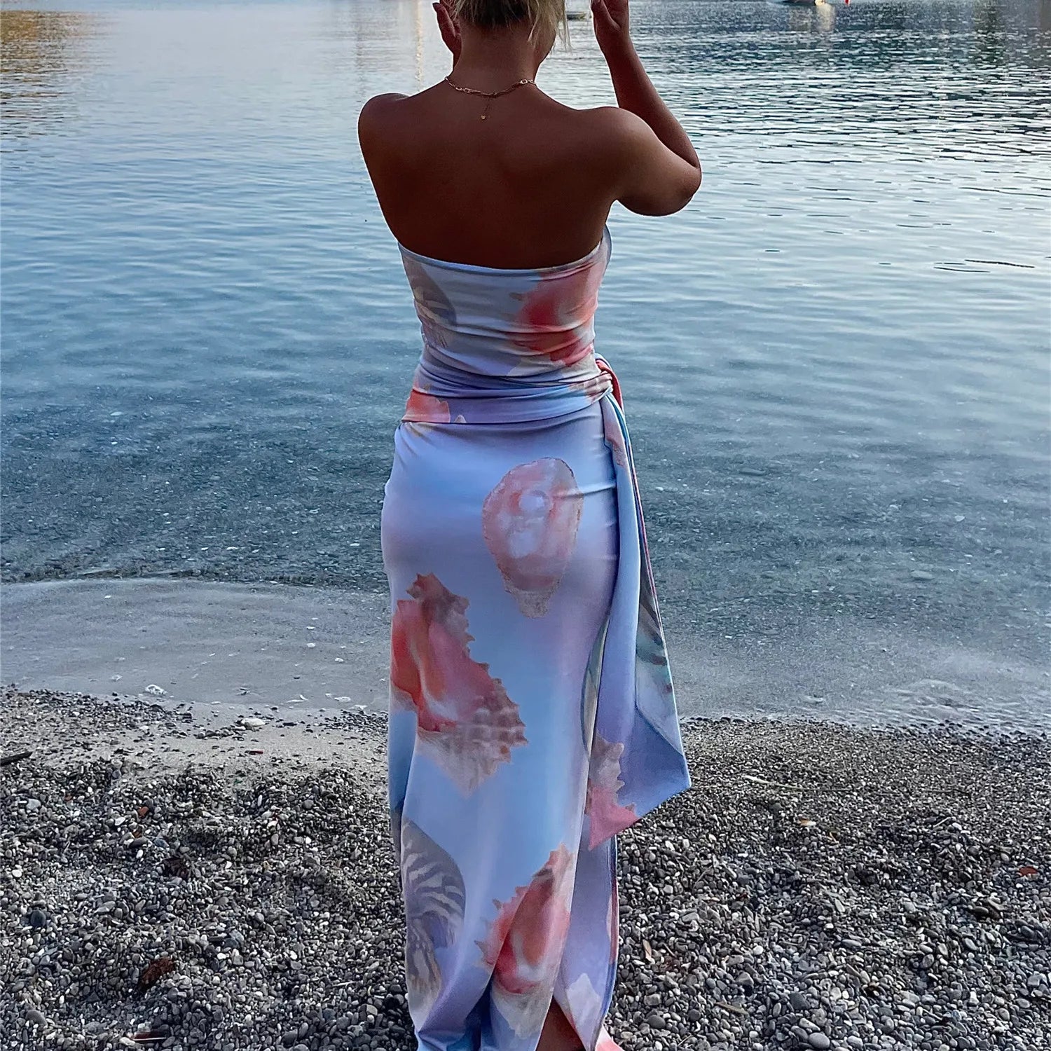 BXOXO Women Strapless Maxi Dress Boho Floral Print Bodycon Long Tube Dress Summer Tie Waist Long Holiday Beach Sundress