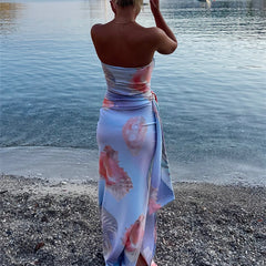BXOXO Women Strapless Maxi Dress Boho Floral Print Bodycon Long Tube Dress Summer Tie Waist Long Holiday Beach Sundress