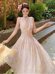 Bxoxo Women's French Floral Print Halther Dresses Summer Elegant V-Neck Slim Lace-up Midi Dress Sexy Beach Holiday 2025 New Fashion
