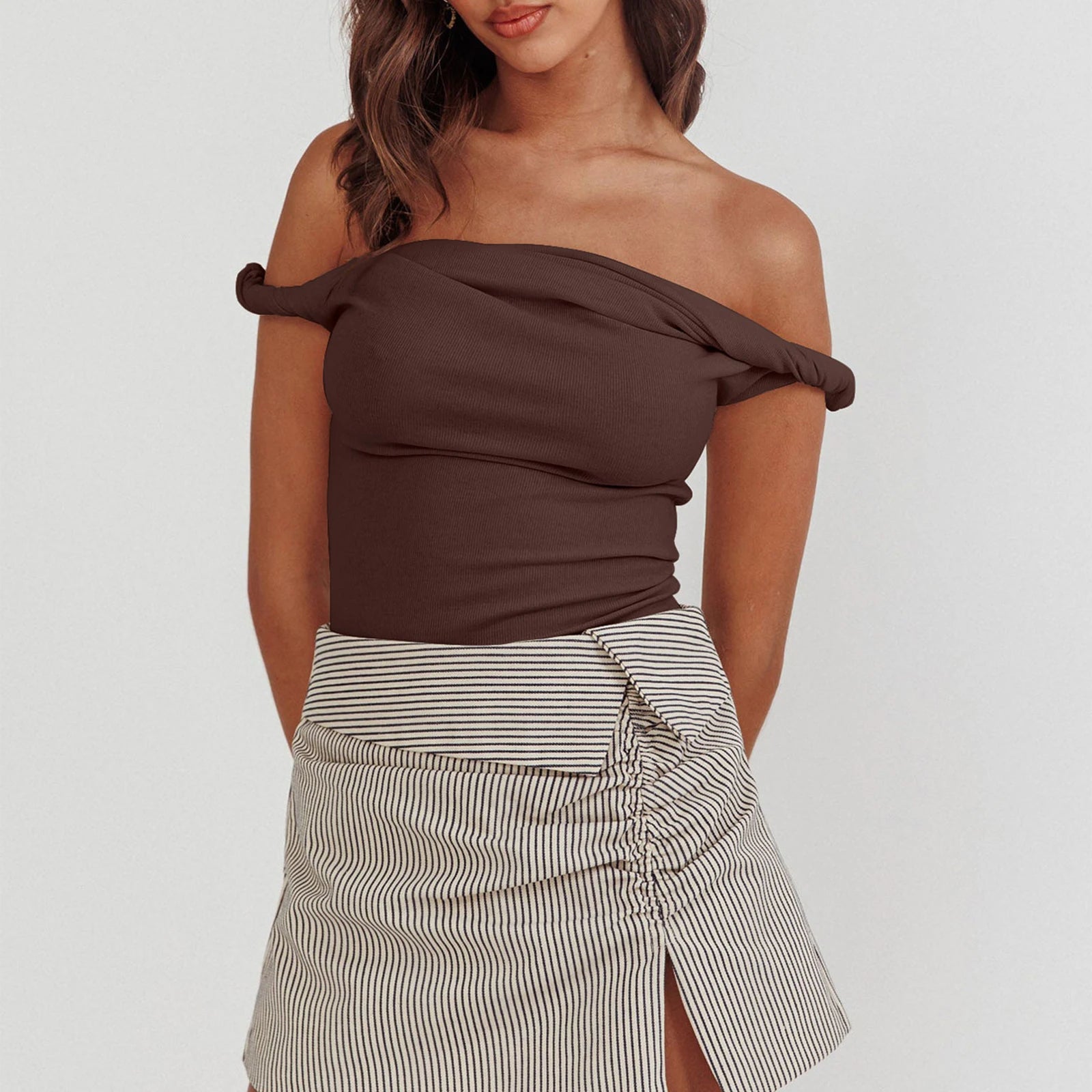 BXOXO Women Off Shoulder Top Sleeveless Twist Strap Tank Tops Slim Fit Stretch Ruched Crop Top Going Out Y2k Bustier