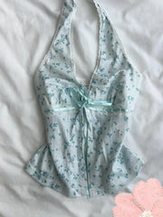 BXOXO Sexy Halter Flower Print Y2k Goth Woman Clothing Sweet Lace Bow Punk Sling Vintage Harajuku Crop Top Korea V-Neck Summer 90s Tee