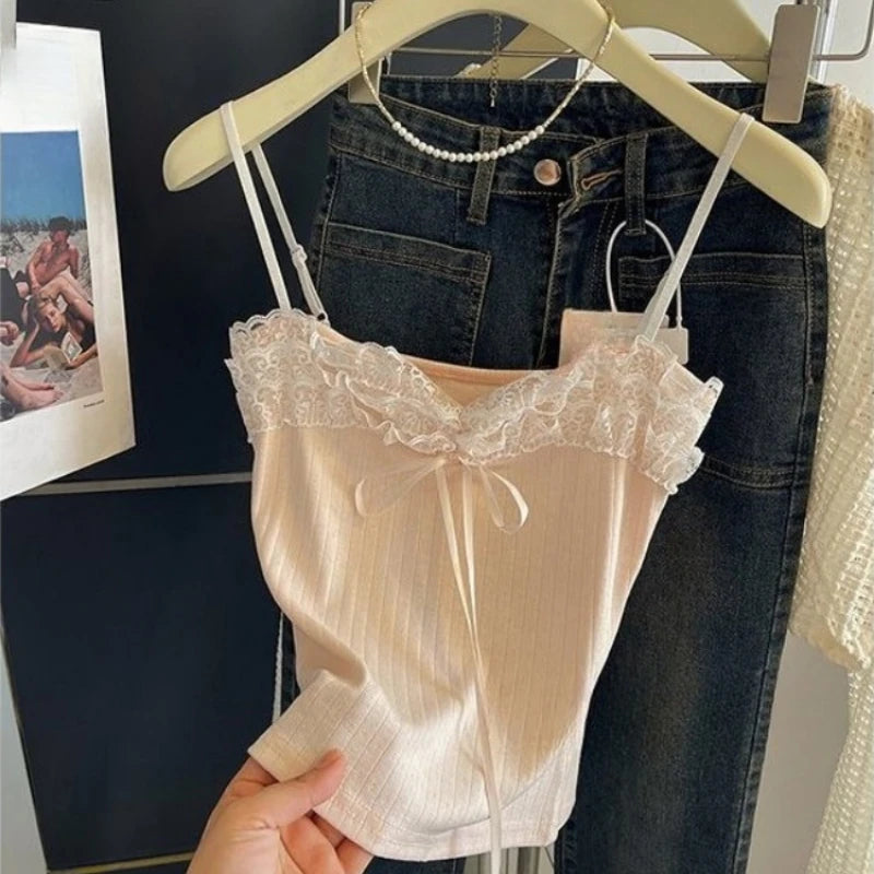 BXOXO Sweet Lace Patchwork Crop Tank Top Female 2025 Women's Clothing Sling Slim Waist Tank Korean Summer Sexy Club Camis Ropa Mujer