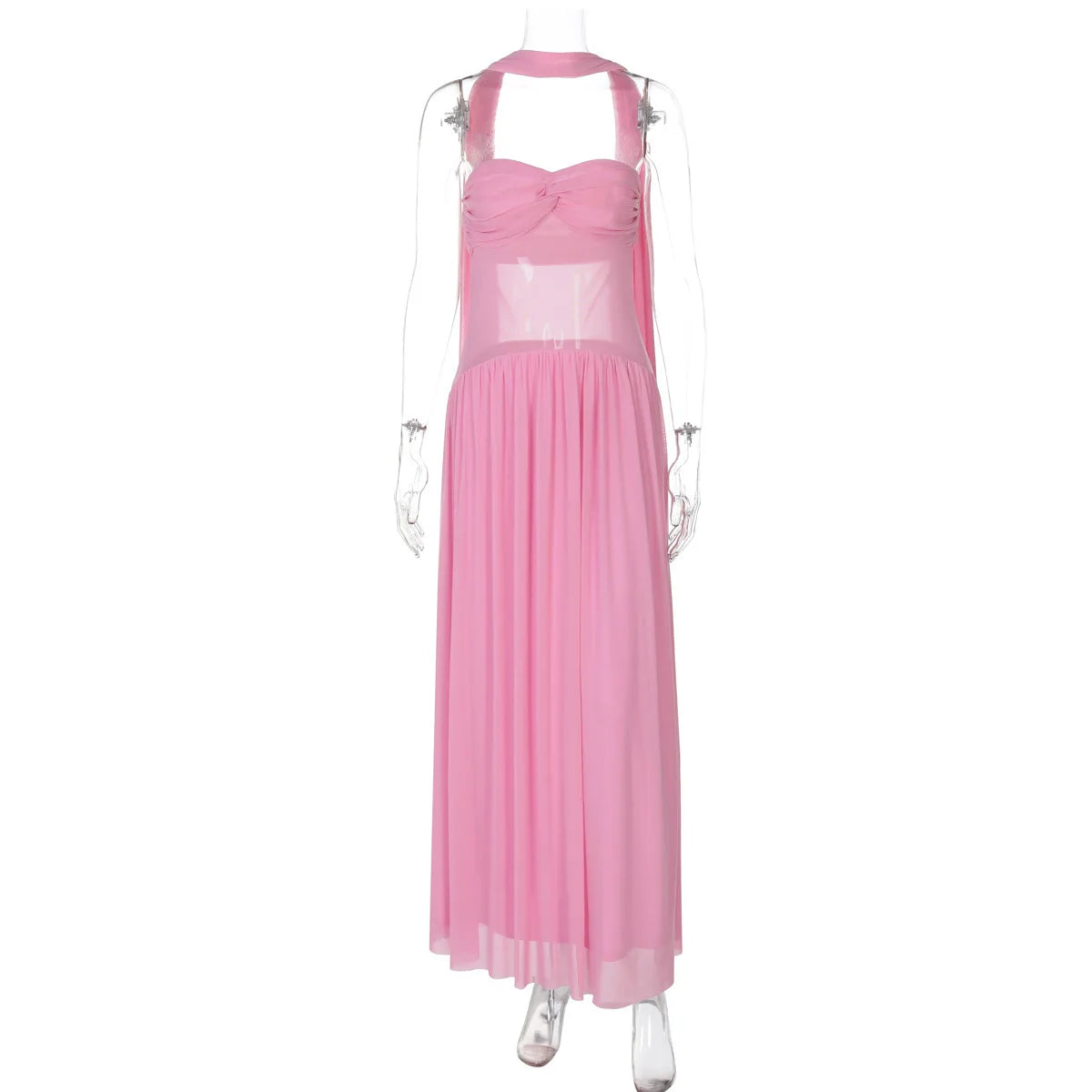 BXOXO  Scarf Collar Backless Sexy Maxi Dress For Women Gown Pink Strapless Off-shoulder Backless Mesh Long Dress Vestido