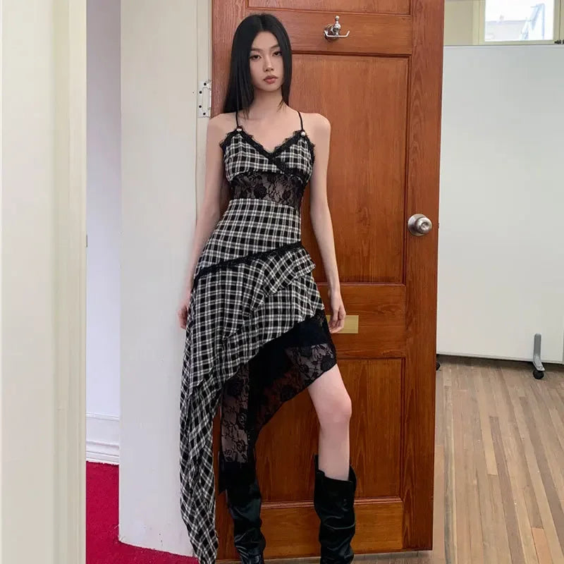 BXOXO Black And White Plaid Women's Dress Lace Splicing Irregular Hem Slimming Strap Long Dress Design Sense Niche Sleeveless