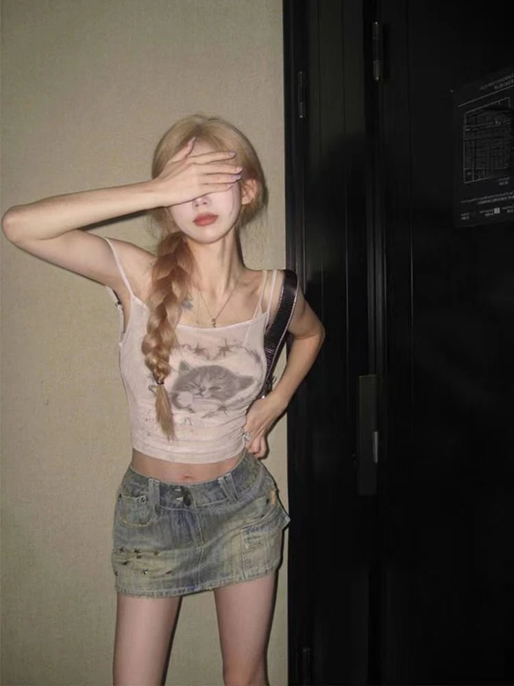 Bxoxo Summer Women Dark Academia Coquette 2000s Aesthetic Bodycon Camisole Gyaru Fake Two Pieces Crop Tops Hot Sexy Kpop Kawaii Y2k