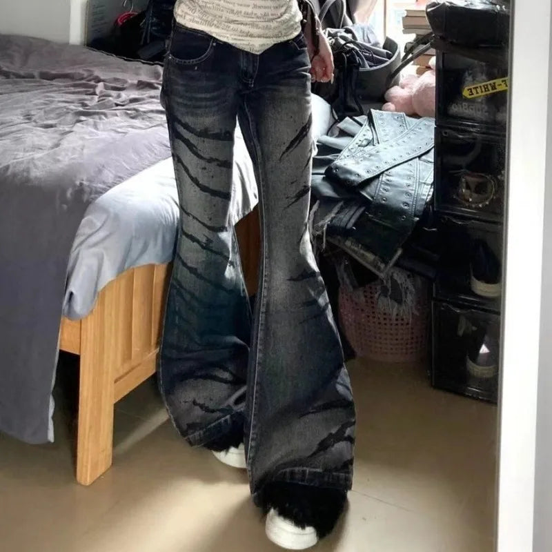 Bxoxo Y2k Washed Stripes Flared Jeans Women Harajuku Low Waist  American Vintage Denim Pants Slim Gyaru Streetwear Trousers