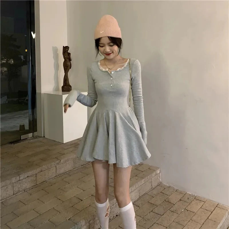 Bxoxo Black Lace Patchwork Dress Women Korean Chic Square Collar Long Sleeve Mini Dress Fall Fashion Preppy All-Match Bottoming Dress