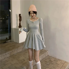 Bxoxo Black Lace Patchwork Dress Women Korean Chic Square Collar Long Sleeve Mini Dress Fall Fashion Preppy All-Match Bottoming Dress