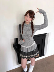 Bxoxo Korean Style Gray T-shirt Women Vintage Polka Dot Long Sleeve Tees Y2k Fashion Lace Patchwork Slim Streetwear T-shirt