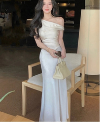 BXOXO Women Elegant Solid Evening Party Dresses Summer Fashion Korean Graduation Formal Dress Off Shoulder Slim Vestidos Clothing