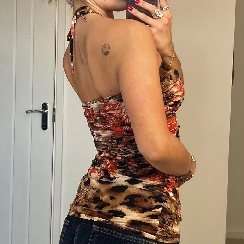 BXOXO Vintage Floral Print Backless Camis y2k Aesthetic Sleeveless Skinny Lace-up Halter Crop Top Women Summer Holiday Tee Lady