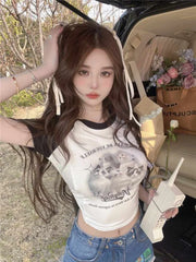 BXOXO American Vintage Slim Fit T-shirts 2025 Summer New Short Sleeve Tee Shirt Y2k E-Girl O-neck Cat Print Bottoming Tops Women