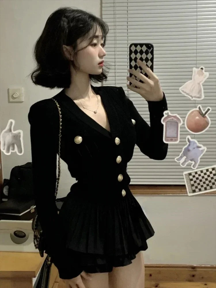 BXOXO Korean Fashion V-nck Long Sleeve Black Knitted Cardigan+ Y2k E-Girl High Waist Ruched Short Skirts 2025 New Two Piece Sets