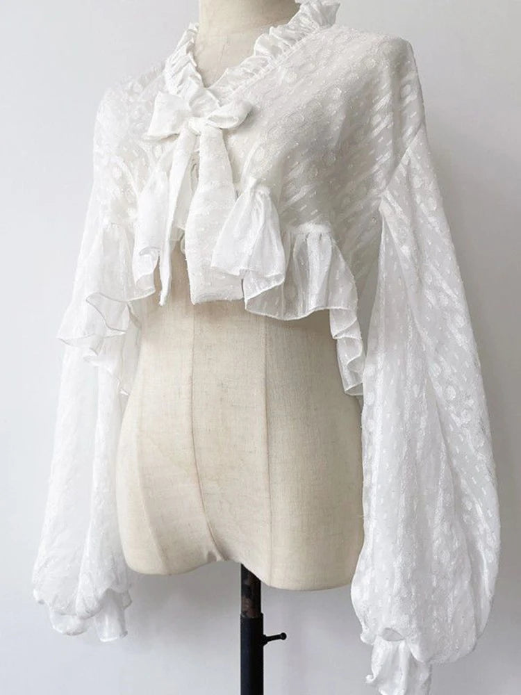 Bxoxo Lolita Sweet Sun Proof Shirt Women Cute Bow Lantern Sleeve Cropped Blouse Japan Kawaii Casual Elegant Jk Open Stitch Tops